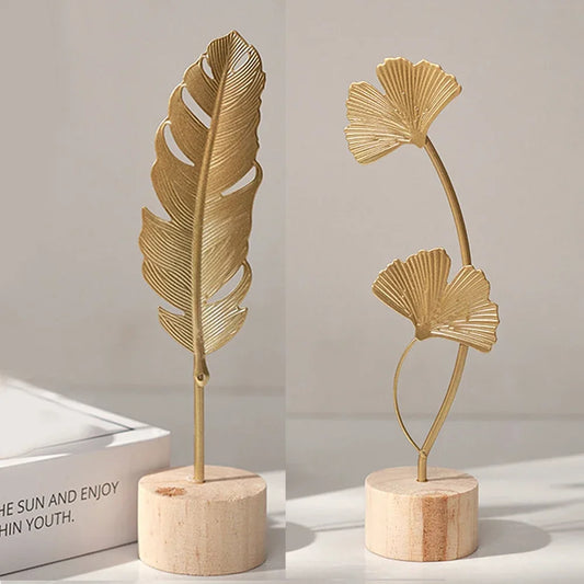 Purilite Select Golden Ginkgo Leaf & Feather Metal Figurine – Modern Desktop Sculpture | Home Decor & Photo Prop