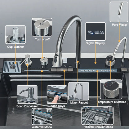 Purilite Select Multifunction Stainless Steel Kitchen Sink | Large Single Bowl Waterfall Sink with Pull-Out Faucet, Digital Display & 5-Function Water System