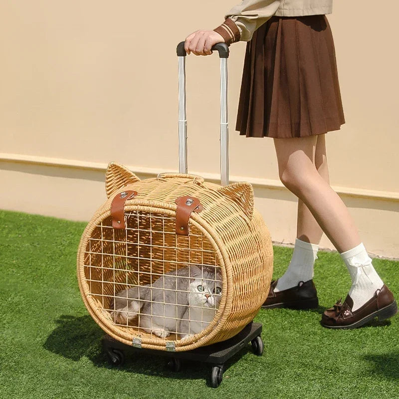 Breathable Cat Bag, Portable Pet Crate, Dog Tote Bag with Trolley, Handwoven Cat Cage, Lightweight Pet Luggage, Vintage Style - PuriLite