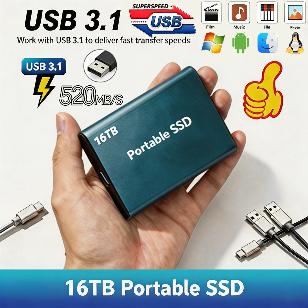 Purilite Select 16TB Portable SSD USB-C External Solid State Drive | High-Speed USB 3.1 Storage Drive for Laptop, Desktop, Mac & Android File Backup