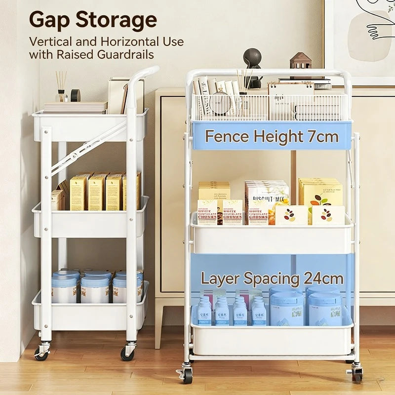 Purilite Select Foldable 3-Tier Storage Cart Carbon Steel Rolling Organizer Rack with Wheels for Kitchen Bedroom and Home - PuriLite