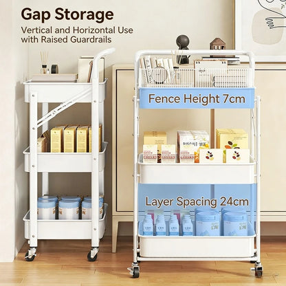 Purilite Select Foldable 3-Tier Storage Cart Carbon Steel Rolling Organizer Rack with Wheels for Kitchen Bedroom and Home - PuriLite