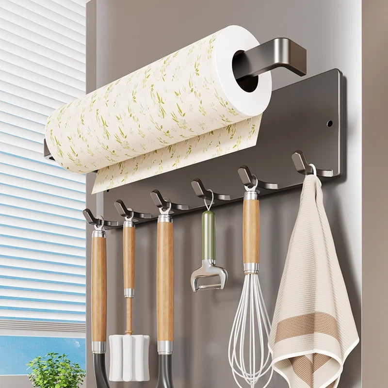 No Drilling Rack 26cm Magnetic Paper Towel Holder for Refrigerator with 6 Hooks Kitchen Roll Holder Wall Mount Fridge Organizer