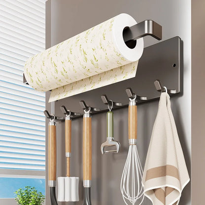 No Drilling Rack 26cm Magnetic Paper Towel Holder for Refrigerator with 6 Hooks Kitchen Roll Holder Wall Mount Fridge Organizer