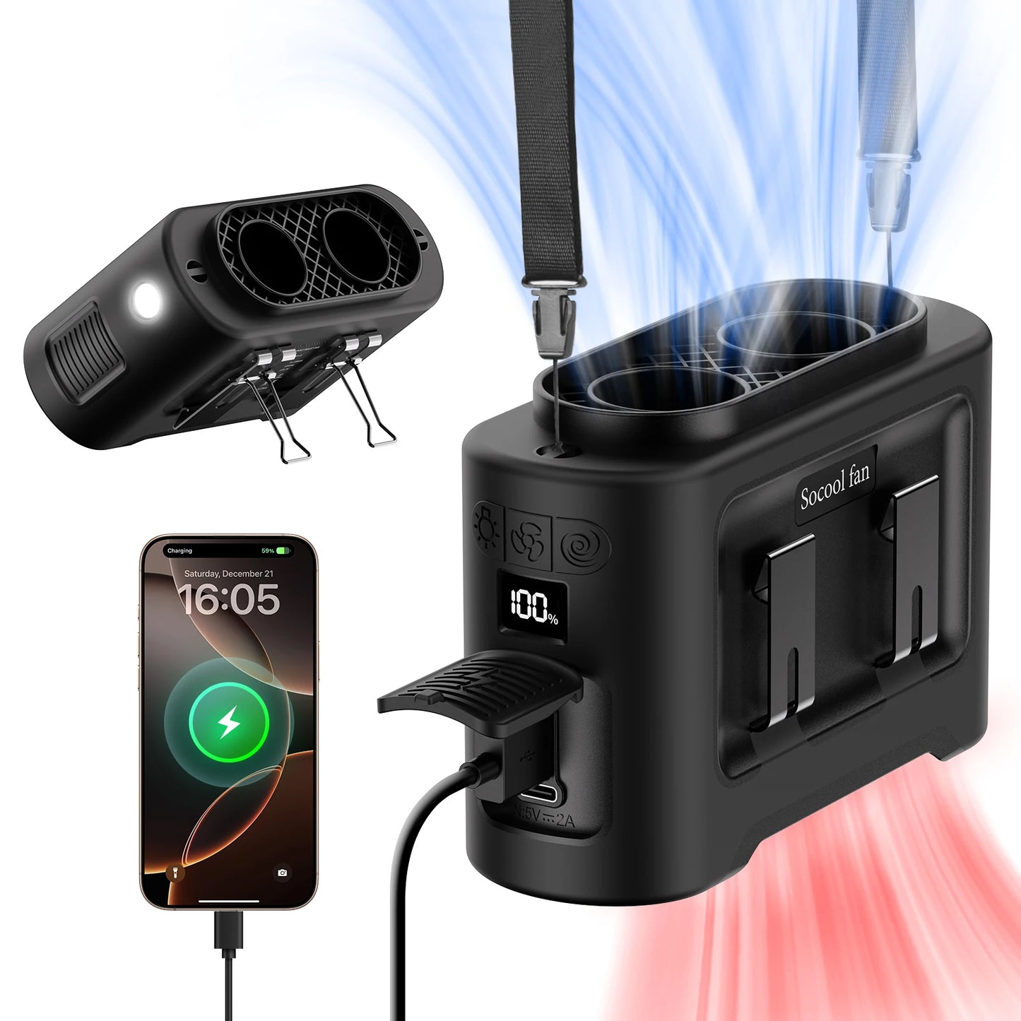 Socool 14500mAh Portable Waist Fan Dual Airflow Outlet Turbo Motors with Four Clips Emergency Flashlight Power Bank for Outdoor