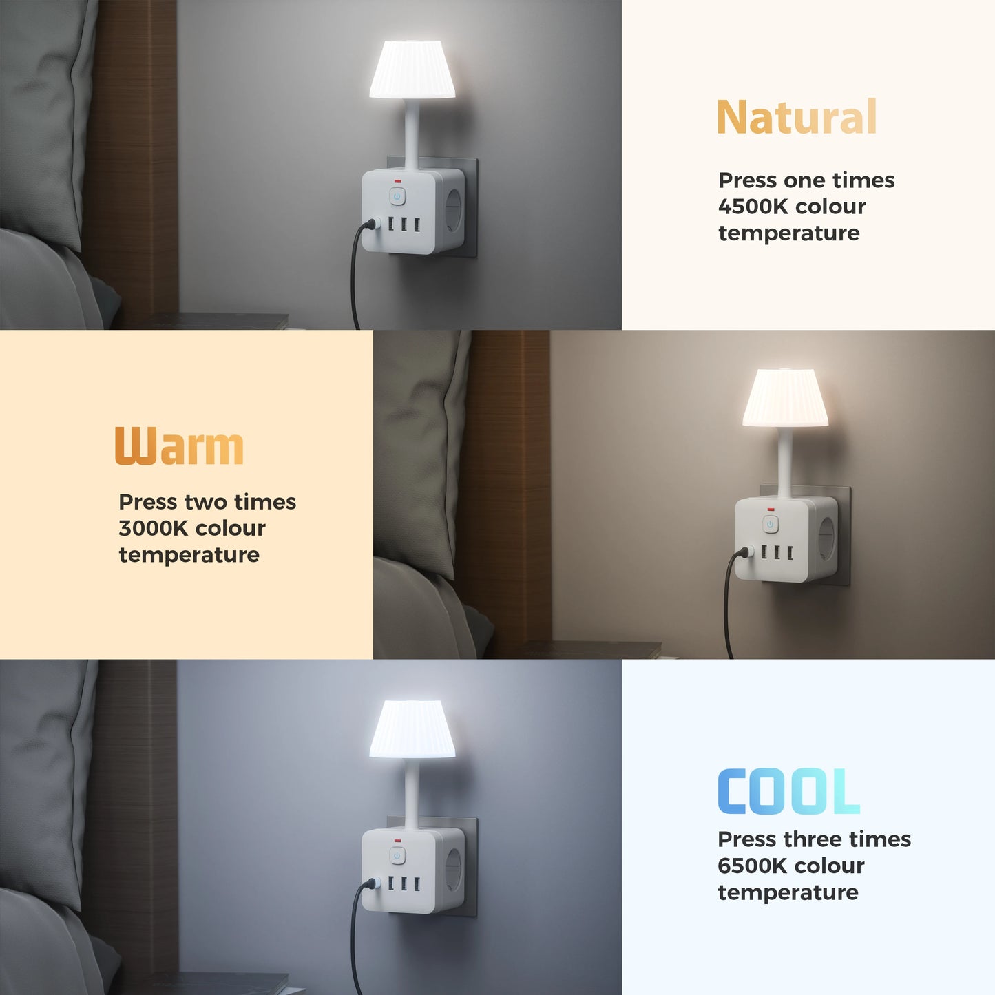 Purilite Select 3-Outlet Power Strip – Power Strip with Adjustable Brightness Desk Lamp & Tabletop Charging Station – 3 USB-A & 1 USB-C Ports – Surge Protection