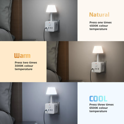 Purilite Select 3-Outlet Power Strip – Power Strip with Adjustable Brightness Desk Lamp & Tabletop Charging Station – 3 USB-A & 1 USB-C Ports – Surge Protection