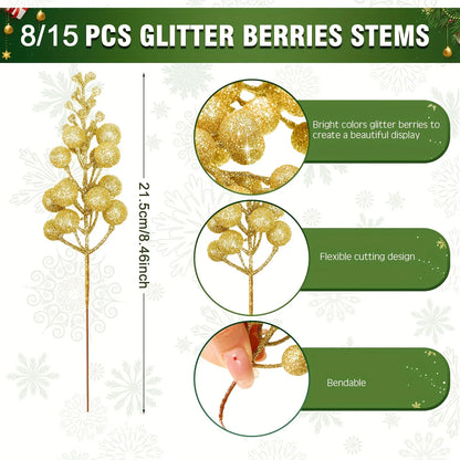 Purilite Select Glitter Artificial Flower & Berry Bouquet – 8/15 Pcs Christmas Decoration Set | Festive Xmas Tree Ornaments & Home Décor Accessory for New Year 2025