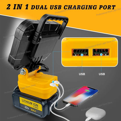 Cordless LED Work Light for DeWalt 20V Battery, 60W 6000LM Jobsite Flood Lights, Portable Outdoor Flashlight Dual USB Charging