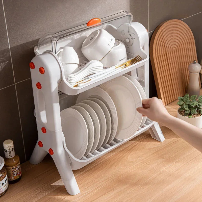 Purilite Select Double-Layer Tableware Storage Rack – Kitchen Bowl and Plate Organizer with Lid, Draining Dish Rack for Household Cupboards