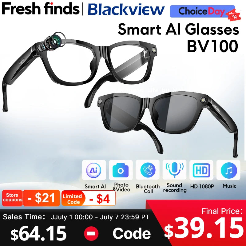 Blackview BV100 AI Smart glasses 800W Pixels 2K HD camera Bluetooth Call Voice Assistant Smart Glasses