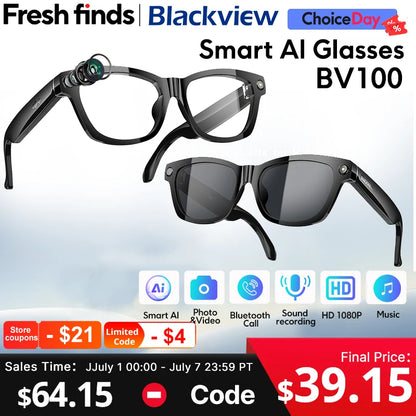 Blackview BV100 AI Smart glasses 800W Pixels 2K HD camera Bluetooth Call Voice Assistant Smart Glasses