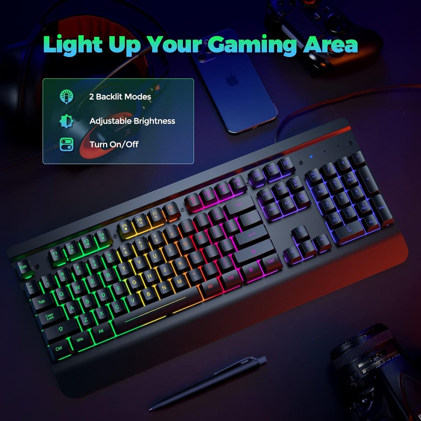 Gaming Keyboard | 104-Key Rainbow LED Backlit USB Wired Keyboard | Metal Panel | Wrist Rest | Waterproof | Anti-Ghosting | Black