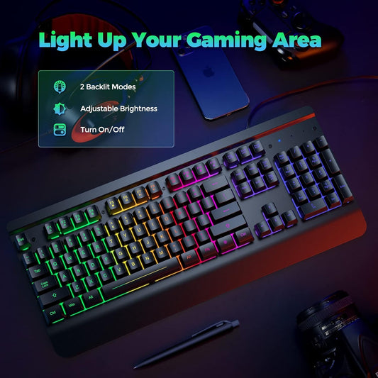 Gaming Keyboard | 104-Key Rainbow LED Backlit USB Wired Keyboard | Metal Panel | Wrist Rest | Waterproof | Anti-Ghosting | Black