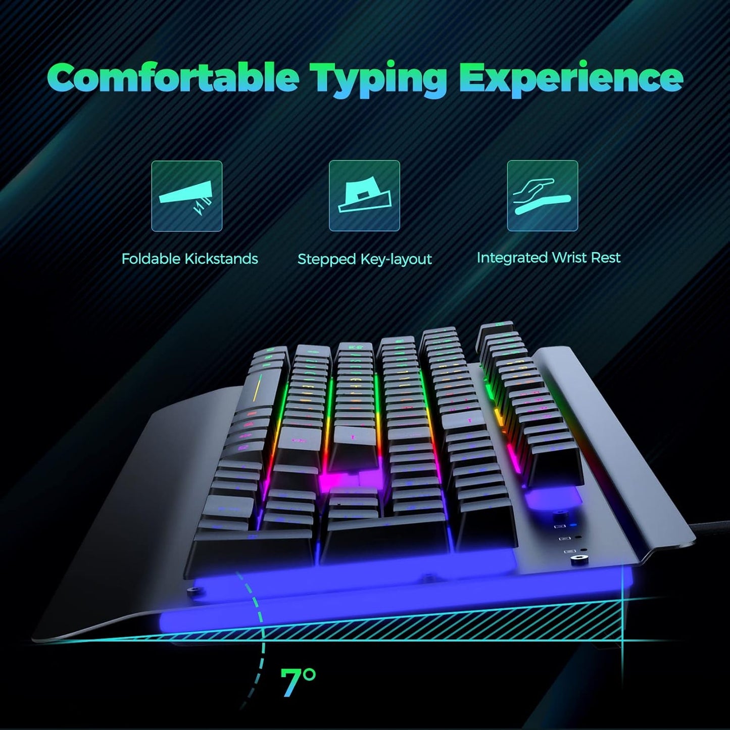 Gaming Keyboard | 104-Key Rainbow LED Backlit USB Wired Keyboard | Metal Panel | Wrist Rest | Waterproof | Anti-Ghosting | Black