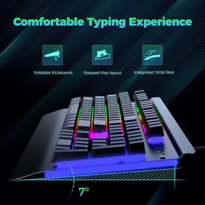 Gaming Keyboard | 104-Key Rainbow LED Backlit USB Wired Keyboard | Metal Panel | Wrist Rest | Waterproof | Anti-Ghosting | Black
