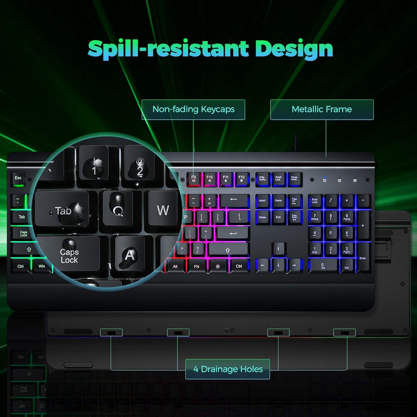 Gaming Keyboard | 104-Key Rainbow LED Backlit USB Wired Keyboard | Metal Panel | Wrist Rest | Waterproof | Anti-Ghosting | Black