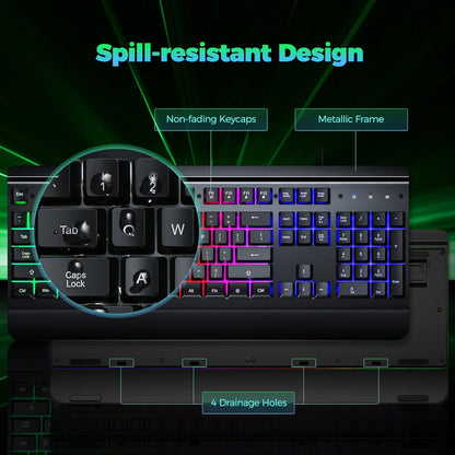 Gaming Keyboard | 104-Key Rainbow LED Backlit USB Wired Keyboard | Metal Panel | Wrist Rest | Waterproof | Anti-Ghosting | Black