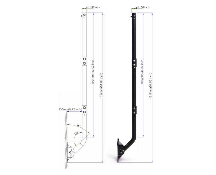 CEKAY Universal Mounting Pole (Diameter 1 1/2", Length 51") - J Pole Mount for Antenna & Starlink Dish & Weather Station - Adjustable Pivot/Lock Bracket for Wall, Eave or Roof Mounting - PuriLite