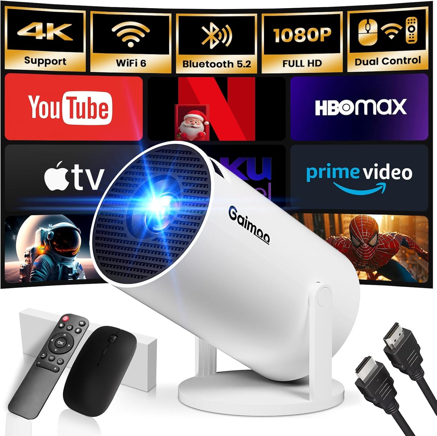 [Built-in App] Mini Projector 2025 Upgraded 1080P 4K Support Portable Projector Dual Control WiFi 6 BT5.2 180° Keystone HDMI/TV Stick/Smartphone/USB/PS5/Laptop with HDMI Cable & Mouse-White