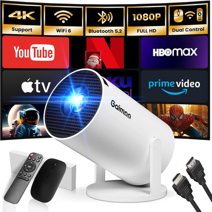 [Built-in App] Mini Projector 2025 Upgraded 1080P 4K Support Portable Projector Dual Control WiFi 6 BT5.2 180° Keystone HDMI/TV Stick/Smartphone/USB/PS5/Laptop with HDMI Cable & Mouse-White