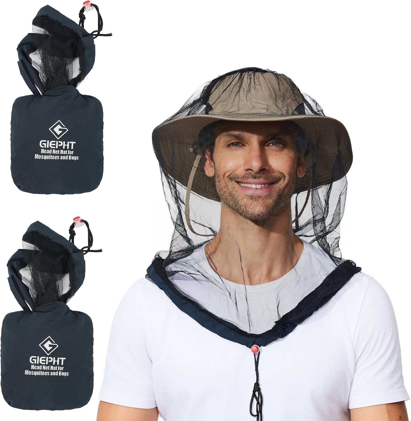 G GIEPHT 2 Pack Mosquito Head Net Mesh for Hiking & Outdoors,Bug Netting over Hat Adults Fishing,Insect Shield Protection Face Cover Mask Hood against Fly Midge Gnat, Black, Large