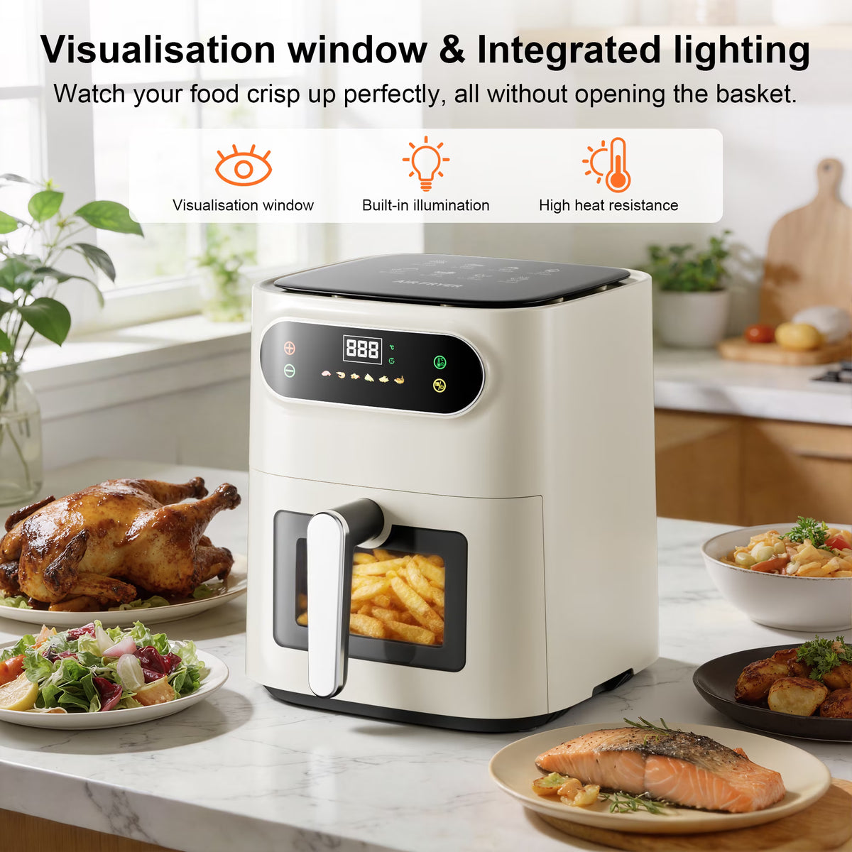 AF01 7.5QT Air Fryer, 1600W Multifunction Air Fryer with Touchscreen Controls, Visible Window, 6 Presets, Adjustable Time & Temperature