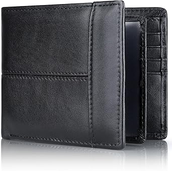 Swallowmall Men's Genuine Leather RFID Blocking Bifold Wallet | 15 Card Capacity | ID Window | Premium Cowhide Leather Billfold