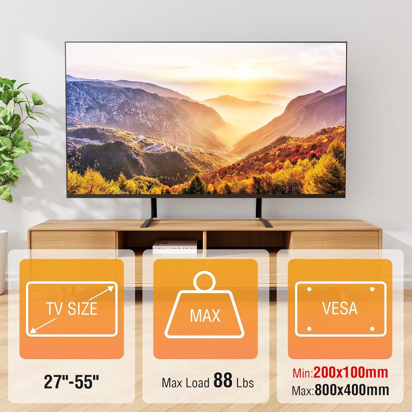 Universal Table Top TV Stand for 27-55 Inch TVs | Height Adjustable TV Base | VESA Up to 800x400mm | Holds Up to 88 lbs | Black | YD1014