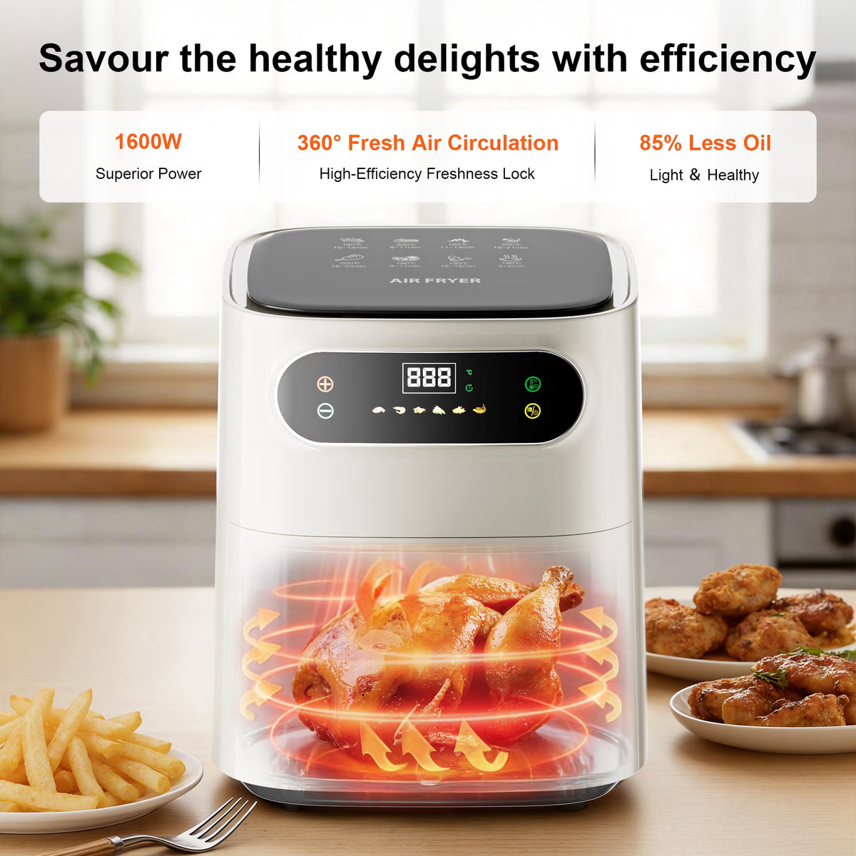 AF01 7.5QT Air Fryer, 1600W Multifunction Air Fryer with Touchscreen Controls, Visible Window, 6 Presets, Adjustable Time & Temperature