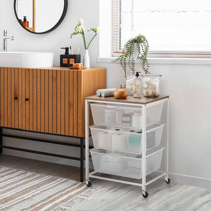 Edifice 3-Tier Rolling Mesh Storage Cart | White Organizer with Pull-Out Drawers and Wood-Finish Top