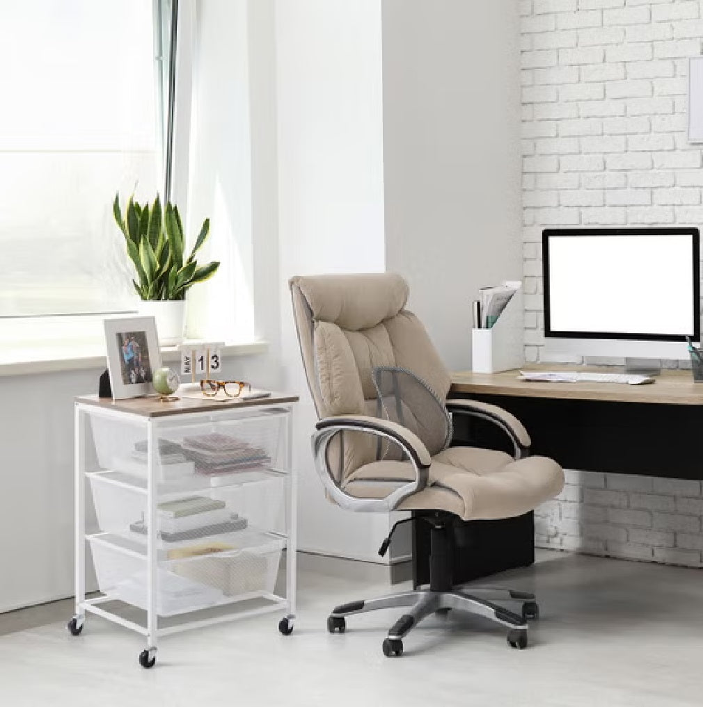Edifice 3-Tier Rolling Mesh Storage Cart | White Organizer with Pull-Out Drawers and Wood-Finish Top