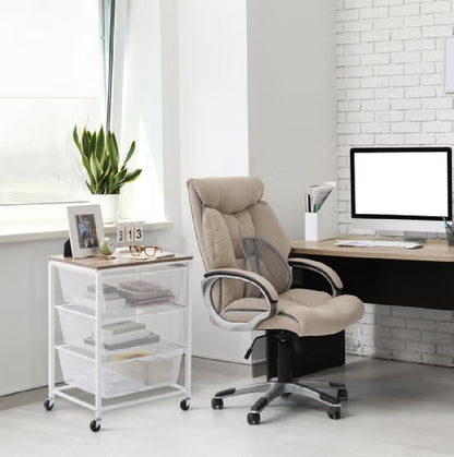 Edifice 3-Tier Rolling Mesh Storage Cart | White Organizer with Pull-Out Drawers and Wood-Finish Top