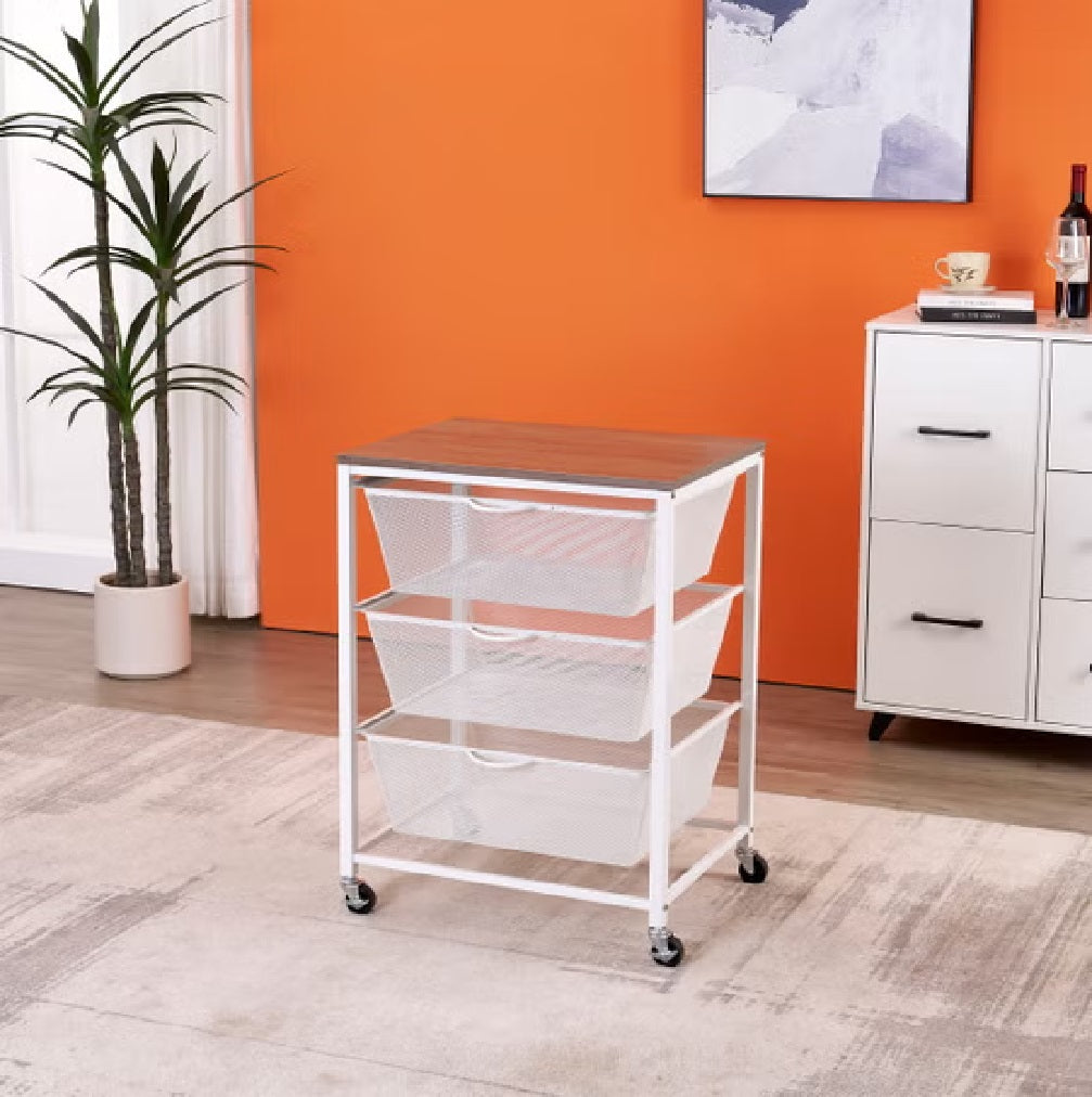 Edifice 3-Tier Rolling Mesh Storage Cart | White Organizer with Pull-Out Drawers and Wood-Finish Top