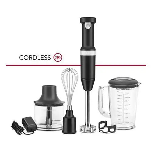 KitchenAid Cordless Variable Speed Hand Blender w/ Chopper + Whisk Attachement - Black Matte (KHBBV83BM)