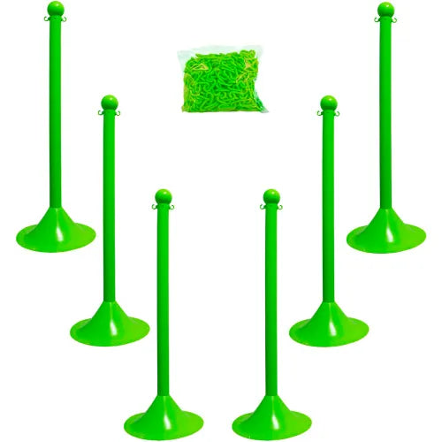 Mr. Chain Light Duty Plastic Stanchion Kit With 2"x50'L Chain, 41"H, Safety Green, 6 Pack - PuriLite