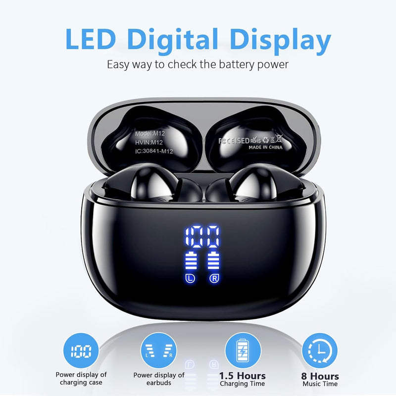 Wireless Earbuds, Bluetooth 5.3 Headphones 48 Hrs Playtime with LED Power Display Charging Case, IPX5 Waterproof Deep Bass Stereo Earphones with Mic for Android iOS Cell Phone COTOE