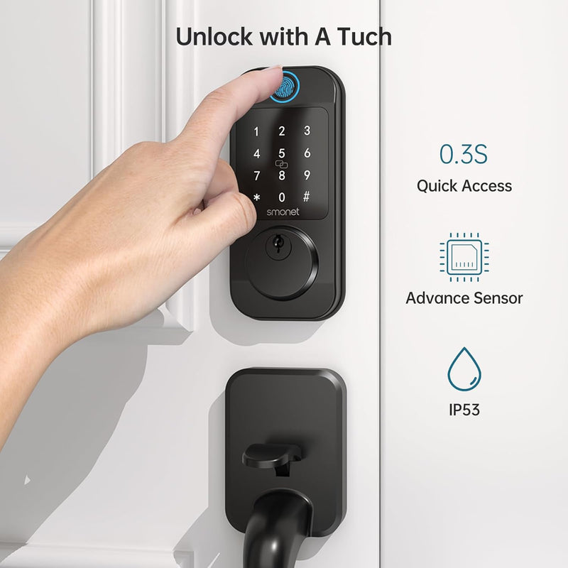 WiFi Front Door Lock Set - SMONET Fingerprint Keyless Entry Smart Locks Handle Set, Digital Remote Control Keypad Bluetooth Alexa Deadbolt Lockset with Auto Lock, Code, Fob, App for Rental,Black