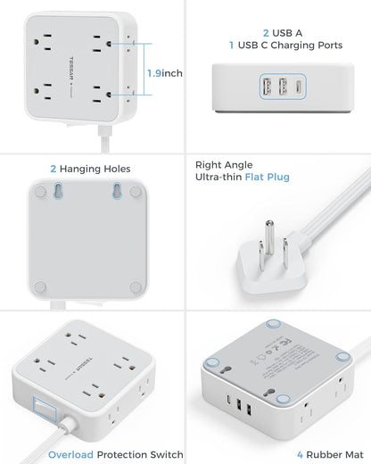 Flat Plug Power Bar with USB C, TESSAN 5 Ft Extension Cord Indoor with 8 Multi Outlets and 3 USB (1 USB C), Surge Protector Power Strip, Wall Mount Charging Station for Home Office Dorm, Gray