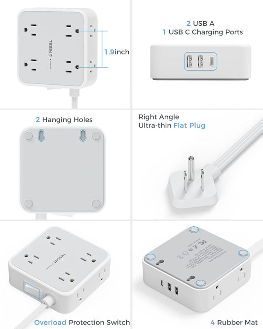 Flat Plug Power Bar with USB C, TESSAN 5 Ft Extension Cord Indoor with 8 Multi Outlets and 3 USB (1 USB C), Surge Protector Power Strip, Wall Mount Charging Station for Home Office Dorm, Gray - PuriLite
