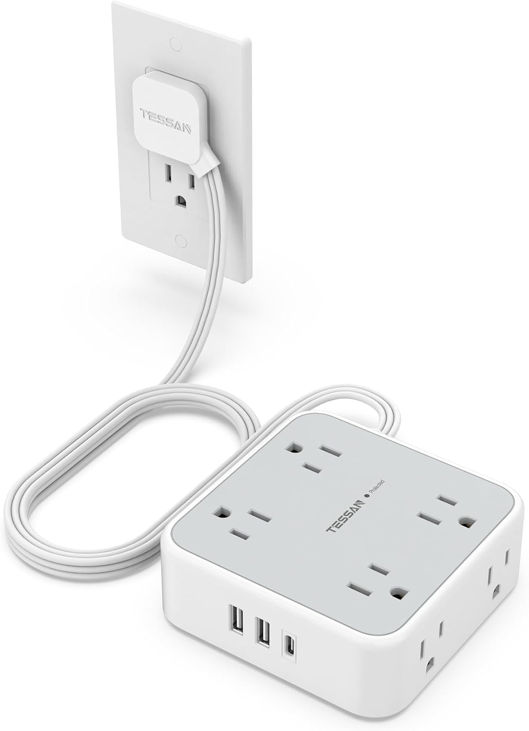 Flat Plug Power Bar with USB C, TESSAN 5 Ft Extension Cord Indoor with 8 Multi Outlets and 3 USB (1 USB C), Surge Protector Power Strip, Wall Mount Charging Station for Home Office Dorm, Gray