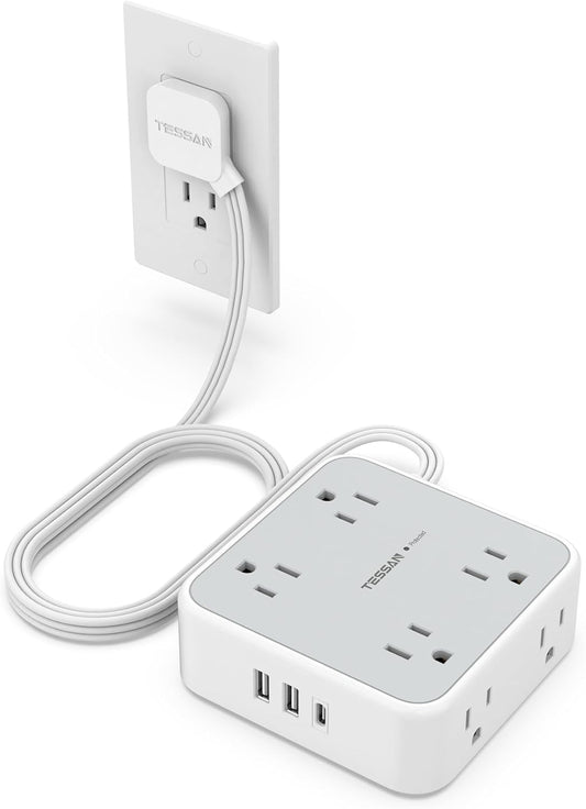 Flat Plug Power Bar with USB C, TESSAN 5 Ft Extension Cord Indoor with 8 Multi Outlets and 3 USB (1 USB C), Surge Protector Power Strip, Wall Mount Charging Station for Home Office Dorm, Gray