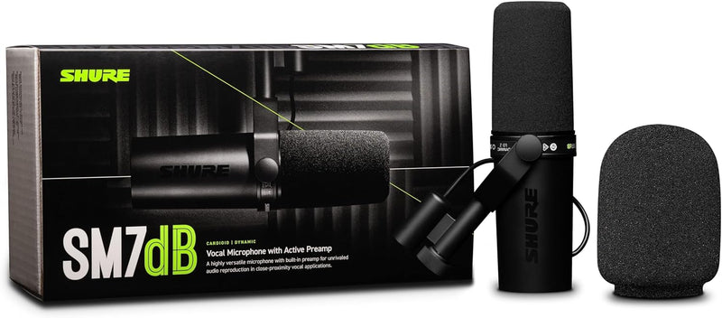 Shure SM7dB Dynamic Vocal Microphone w/Built-in Preamp for Streaming, Podcast, & Recording, Wide-Range Frequency, Warm & Smooth Sound, Rugged Construction, Detachable Windscreen - Black