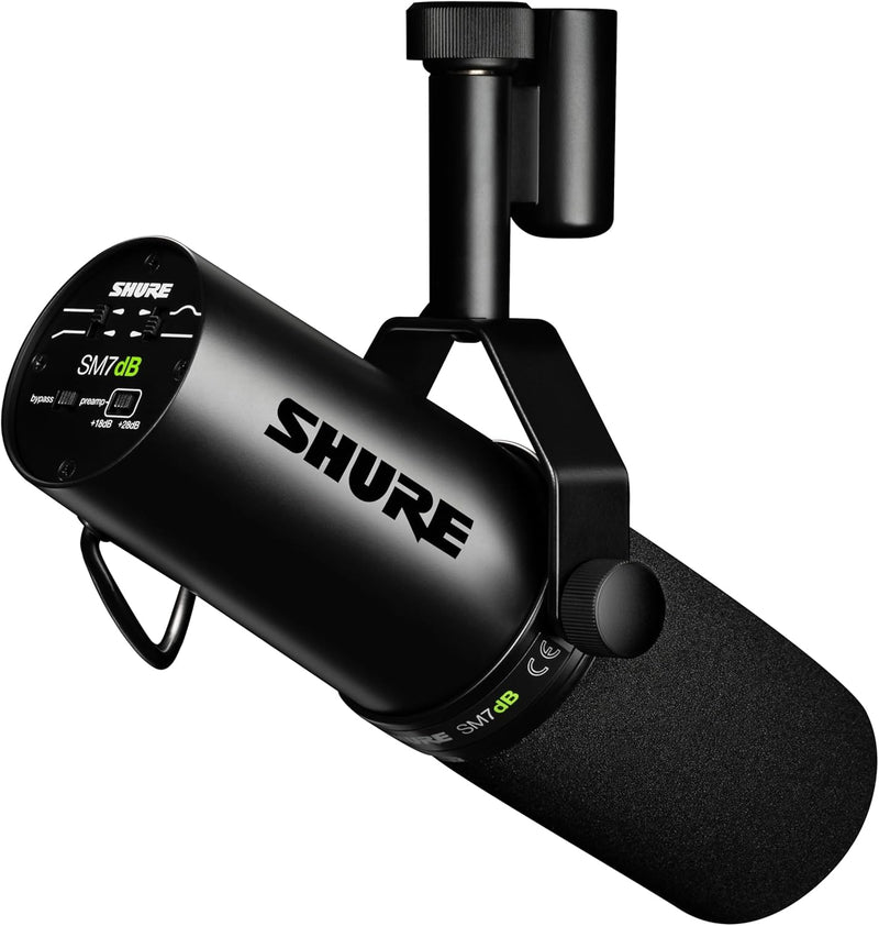 Shure SM7dB Dynamic Vocal Microphone w/Built-in Preamp for Streaming, Podcast, & Recording, Wide-Range Frequency, Warm & Smooth Sound, Rugged Construction, Detachable Windscreen - Black