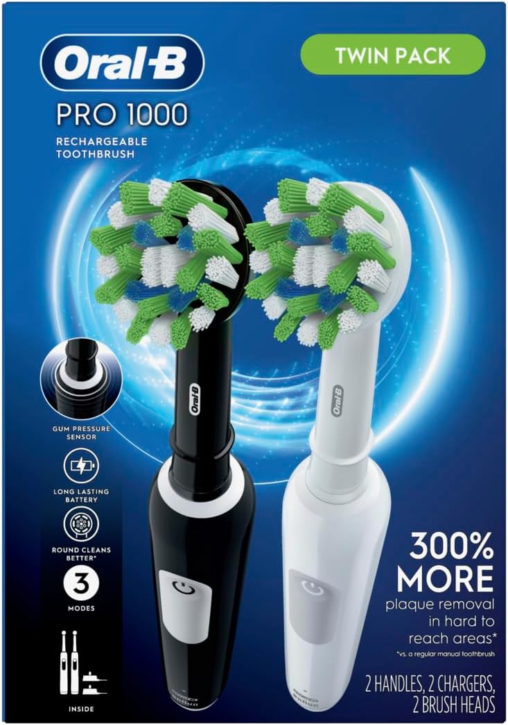 Oral-B Pro 1000 Electric Toothbrush Twin Pack, Black and White, Rechargeable Power Toothbrush, 2 Count