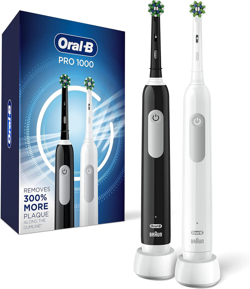 Oral-B Pro 1000 Electric Toothbrush Twin Pack, Black and White, Rechargeable Power Toothbrush, 2 Count