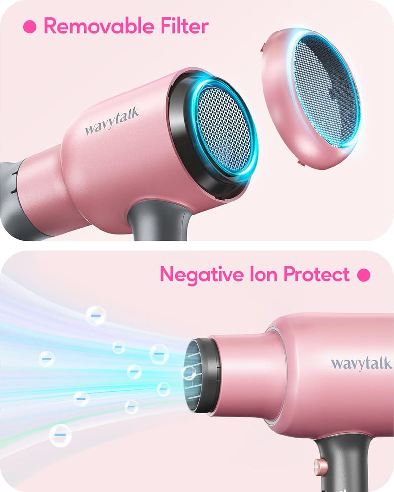 Wavytalk Ionic Hair Dryer with Diffuser and Concentrator, Lightweight Quiet Blow Dryer, Powerful 1875 Watt Motor for Smooth and Fast Drying Hair, Rose Pink