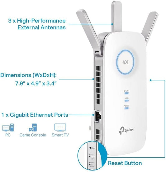 TP-Link AC1900 WiFi Extender (RE550), Covers Up to 2800 Sq.ft and 35 Devices, 1900Mbps Dual Band Wireless Repeater, Internet Booster, Gigabit Ethernet Port - PuriLite