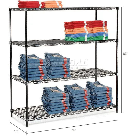 Nexel® 4 Shelf, Black Epoxy Wire Shelving Unit, Starter, 60"W x 18"D x 63"H - PuriLite