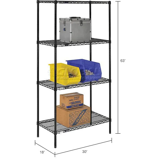 Nexel® 4 Shelf, Black Epoxy Wire Shelving Unit, Starter, 30"W x 18"D x 63"H - PuriLite